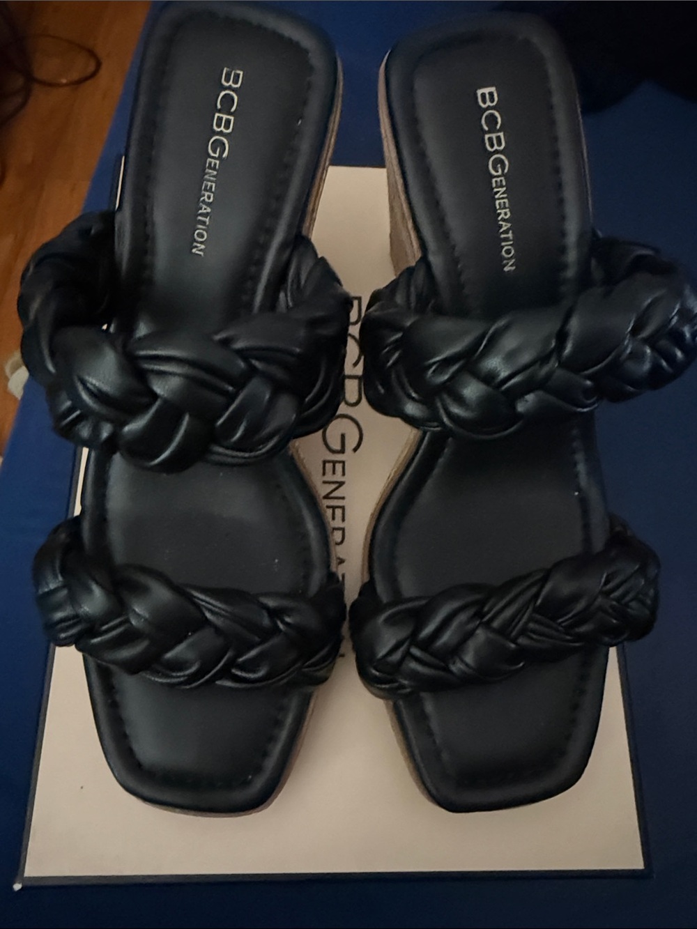 BCBGeneration Braided Double-Strap Slide Sandals in Black